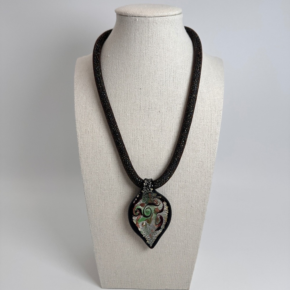Murano Glass Pendant Necklace Black Green Copper Silver Mesh Cord Italian Art